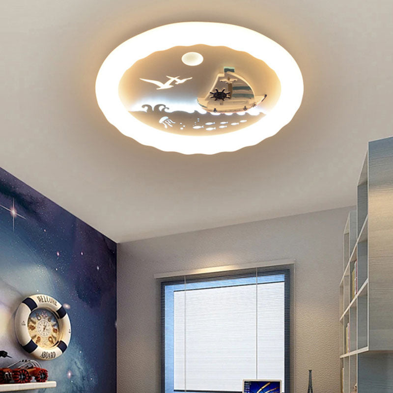 Modern Art Deco Kids Round Sailboat Seagull Acrylic Iron LED Mount Ceiling Light For Bedroom