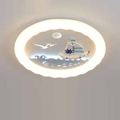 Modern Art Deco Kids Round Sailboat Seagull Acrylic Iron LED Mount Ceiling Light For Bedroom