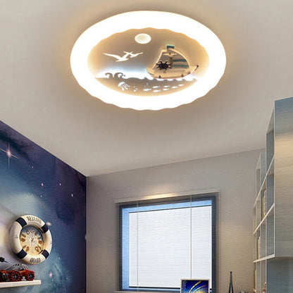 Modern Art Deco Kids Round Sailboat Seagull Acrylic Iron LED Mount Ceiling Light For Bedroom