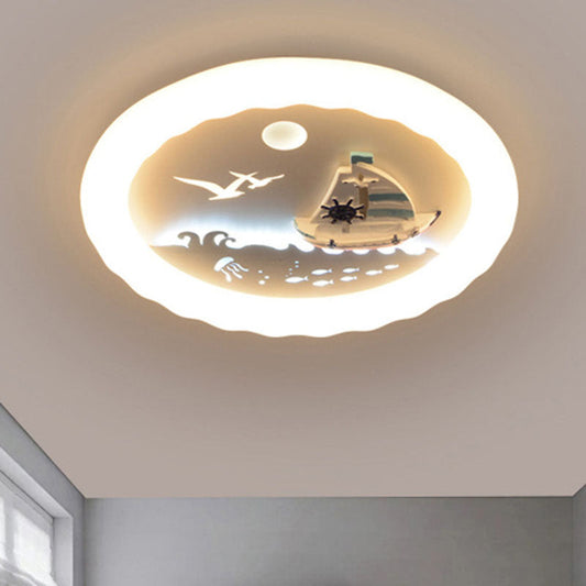 Modern Art Deco Kids Round Sailboat Seagull Acrylic Iron LED Mount Ceiling Light For Bedroom