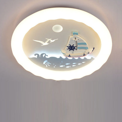 Modern Art Deco Kids Round Sailboat Seagull Acrylic Iron LED Mount Ceiling Light For Bedroom