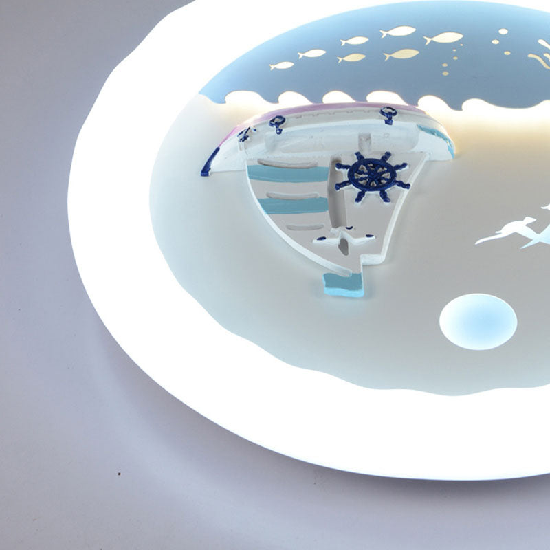 Modern Art Deco Kids Round Sailboat Seagull Acrylic Iron LED Mount Ceiling Light For Bedroom