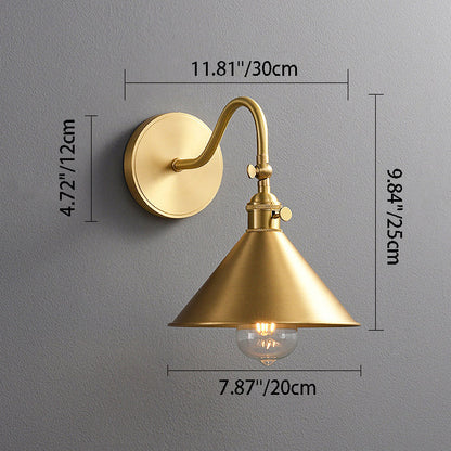 Traditional Vintage Conical Round Bent Brass 1-Light Wall Sconce Lamp For Living Room