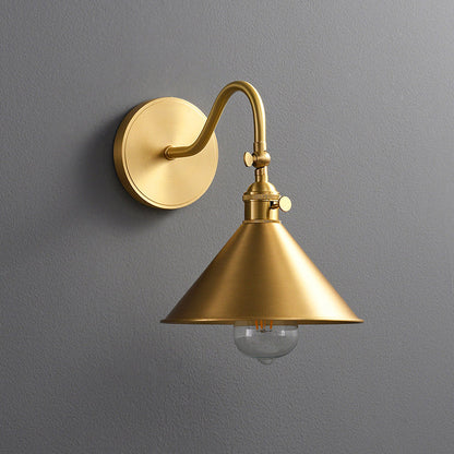 Traditional Vintage Conical Round Bent Brass 1-Light Wall Sconce Lamp For Living Room