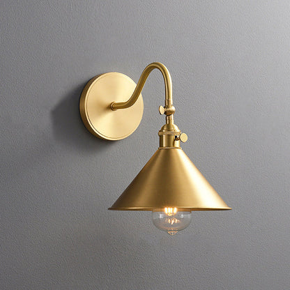 Traditional Vintage Conical Round Bent Brass 1-Light Wall Sconce Lamp For Living Room