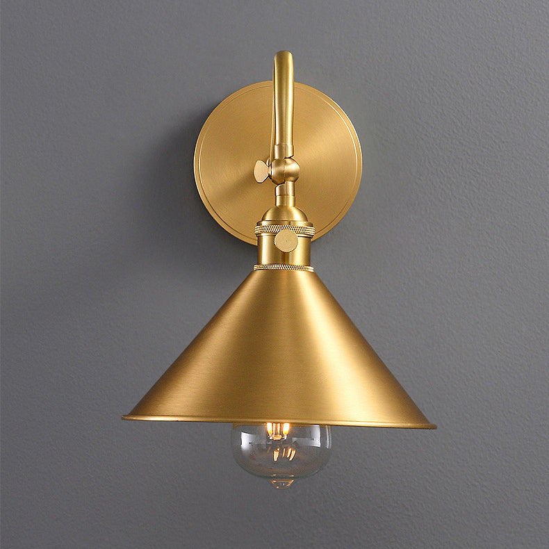 Traditional Vintage Conical Round Bent Brass 1-Light Wall Sconce Lamp For Living Room