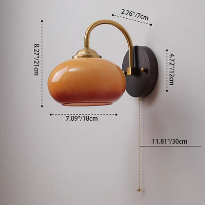 Traditional Chinese Half Opening Round Curved Glass Ash Wood Iron 1-Light Wall Sconce Lamp For Bedroom