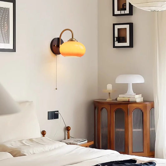 Traditional Chinese Half Opening Round Curved Glass Ash Wood Iron 1-Light Wall Sconce Lamp For Bedroom