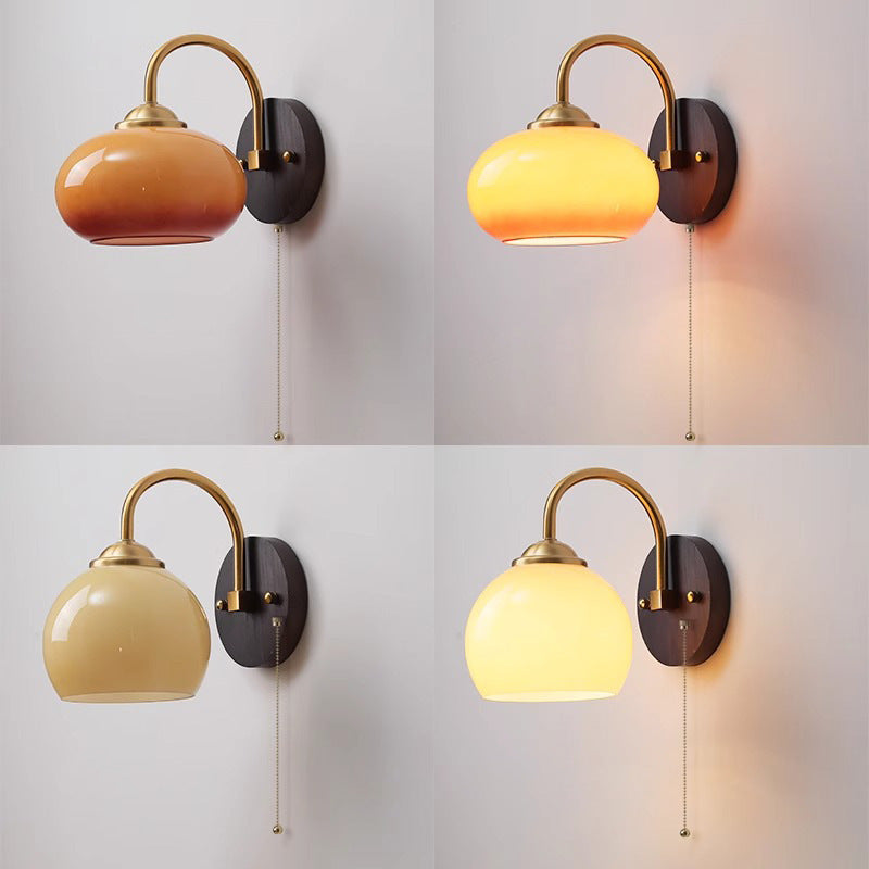 Traditional Chinese Half Opening Round Curved Glass Ash Wood Iron 1-Light Wall Sconce Lamp For Bedroom