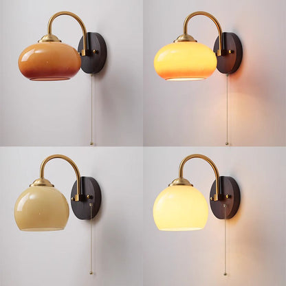 Traditional Chinese Half Opening Round Curved Glass Ash Wood Iron 1-Light Wall Sconce Lamp For Bedroom