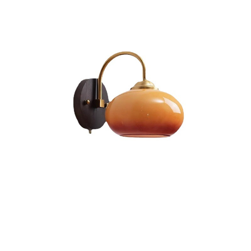 Traditional Chinese Half Opening Round Curved Glass Ash Wood Iron 1-Light Wall Sconce Lamp For Bedroom