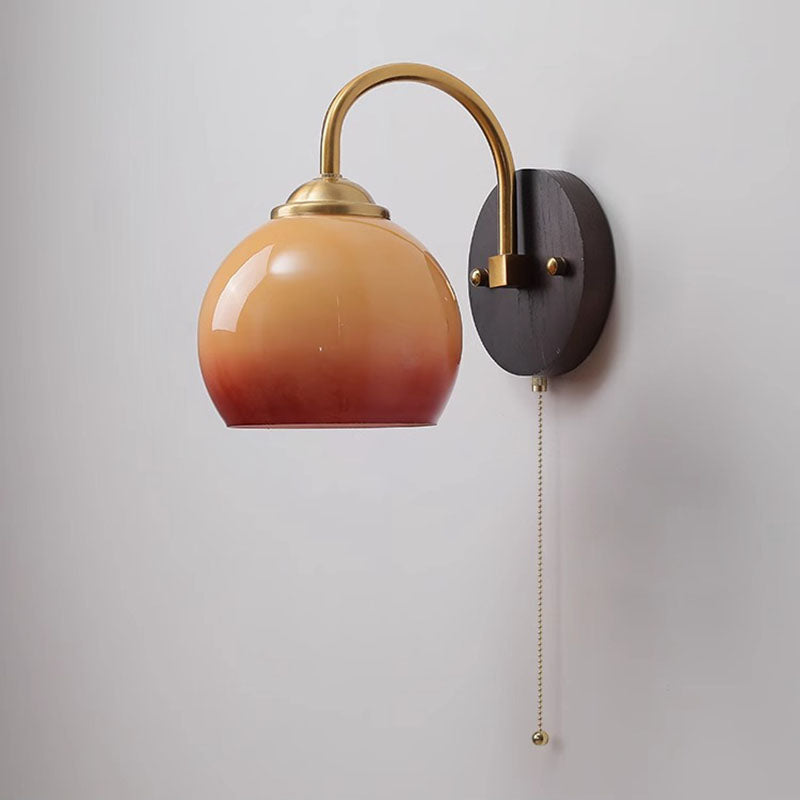 Traditional Chinese Half Opening Round Curved Glass Ash Wood Iron 1-Light Wall Sconce Lamp For Bedroom
