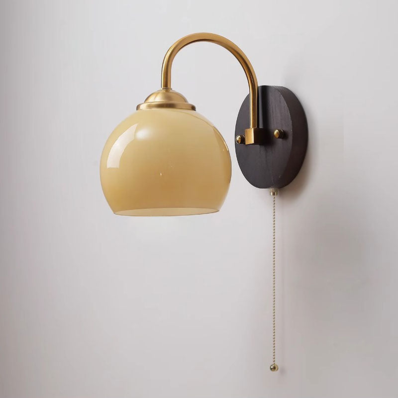 Traditional Chinese Half Opening Round Curved Glass Ash Wood Iron 1-Light Wall Sconce Lamp For Bedroom
