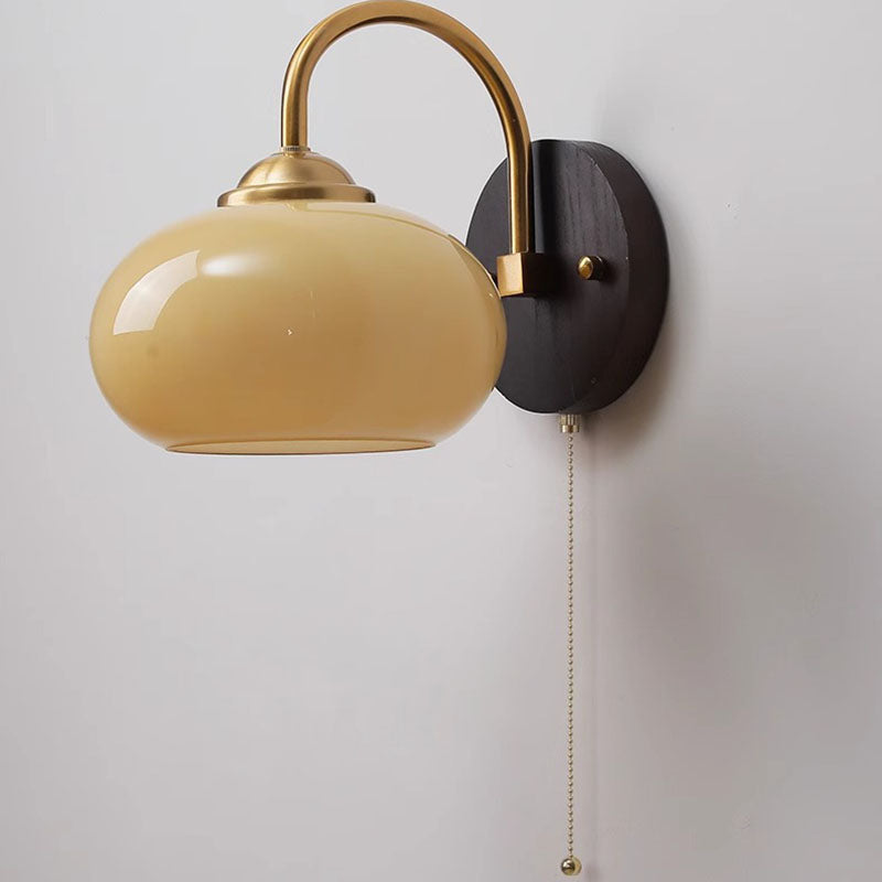 Traditional Chinese Half Opening Round Curved Glass Ash Wood Iron 1-Light Wall Sconce Lamp For Bedroom