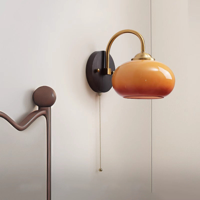 Traditional Chinese Half Opening Round Curved Glass Ash Wood Iron 1-Light Wall Sconce Lamp For Bedroom
