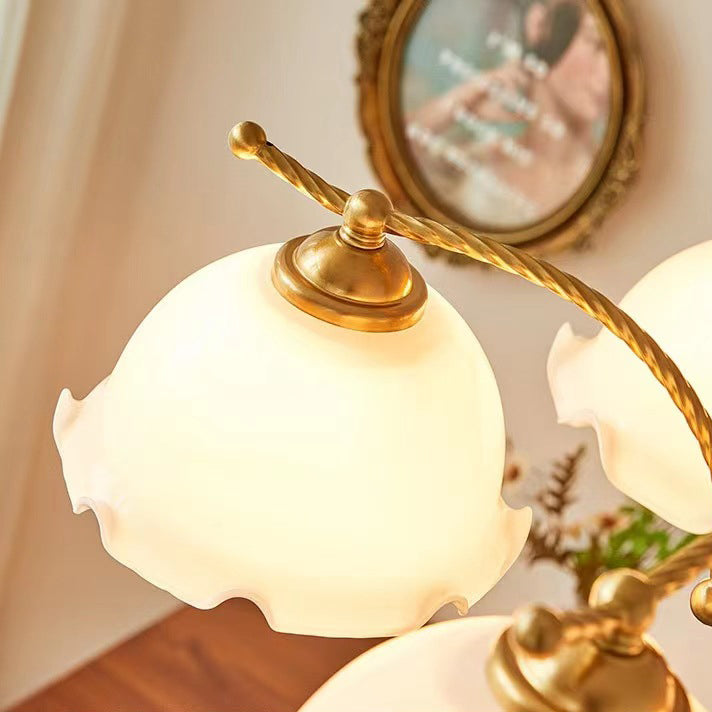 Traditional Vintage Floral Branch Curved Glass Wood Brass 3/5 Light Chandelier For Living Room