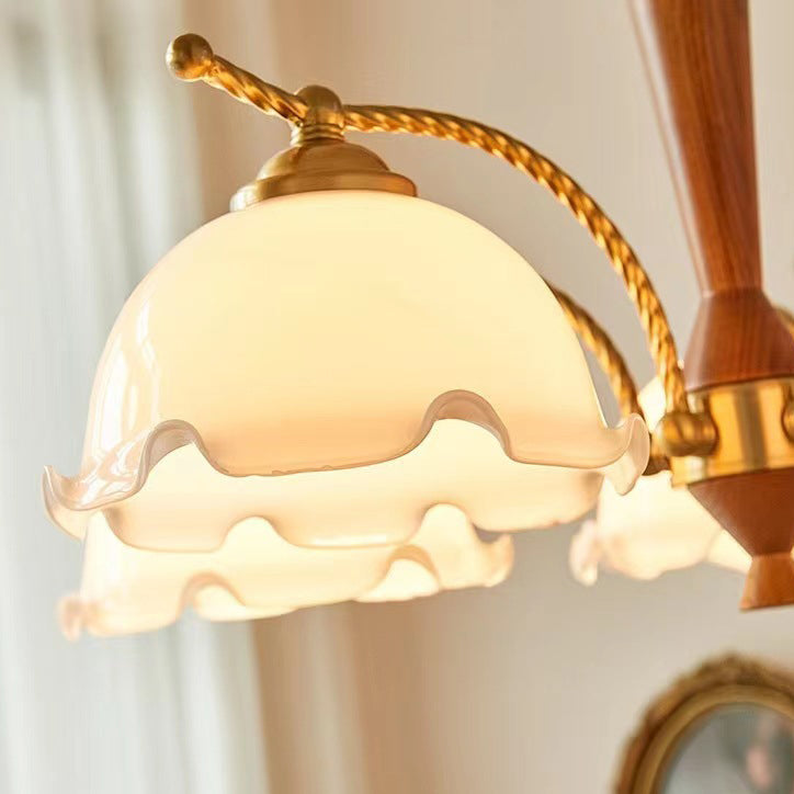 Traditional Vintage Floral Branch Curved Glass Wood Brass 3/5 Light Chandelier For Living Room