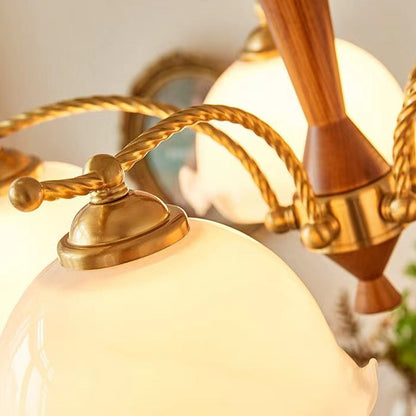 Traditional Vintage Floral Branch Curved Glass Wood Brass 3/5 Light Chandelier For Living Room