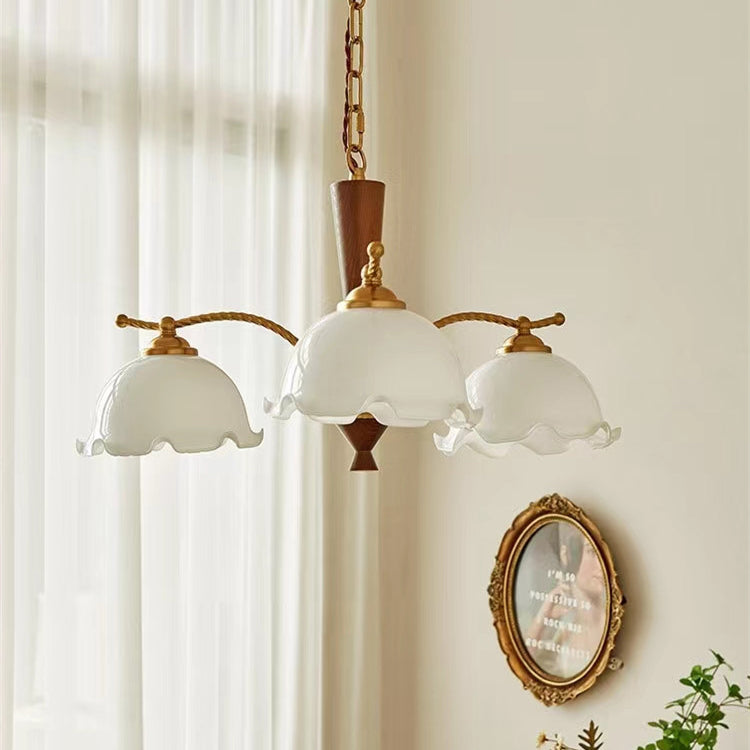 Traditional Vintage Floral Branch Curved Glass Wood Brass 3/5 Light Chandelier For Living Room