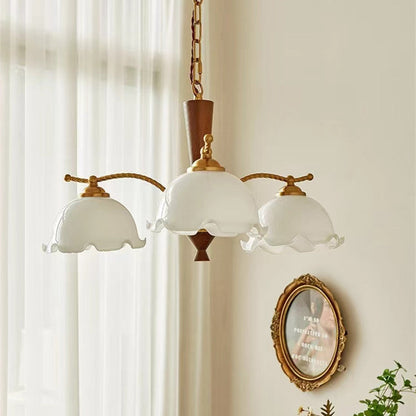 Traditional Vintage Floral Branch Curved Glass Wood Brass 3/5 Light Chandelier For Living Room