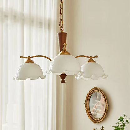 Traditional Vintage Floral Branch Curved Glass Wood Brass 3/5 Light Chandelier For Living Room