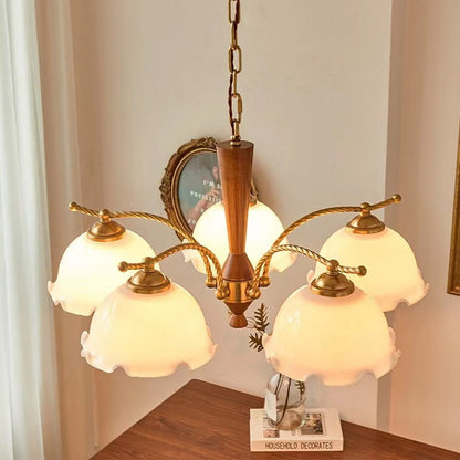 Traditional Vintage Floral Branch Curved Glass Wood Brass 3/5 Light Chandelier For Living Room