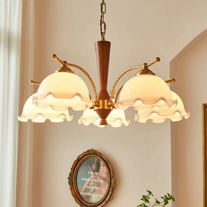 Traditional Vintage Floral Branch Curved Glass Wood Brass 3/5 Light Chandelier For Living Room