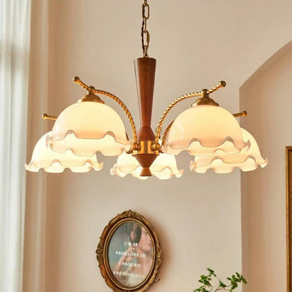 Traditional Vintage Floral Branch Curved Glass Wood Brass 3/5 Light Chandelier For Living Room