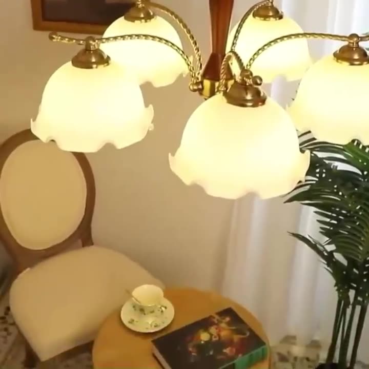 Traditional Vintage Floral Branch Curved Glass Wood Brass 3/5 Light Chandelier For Living Room