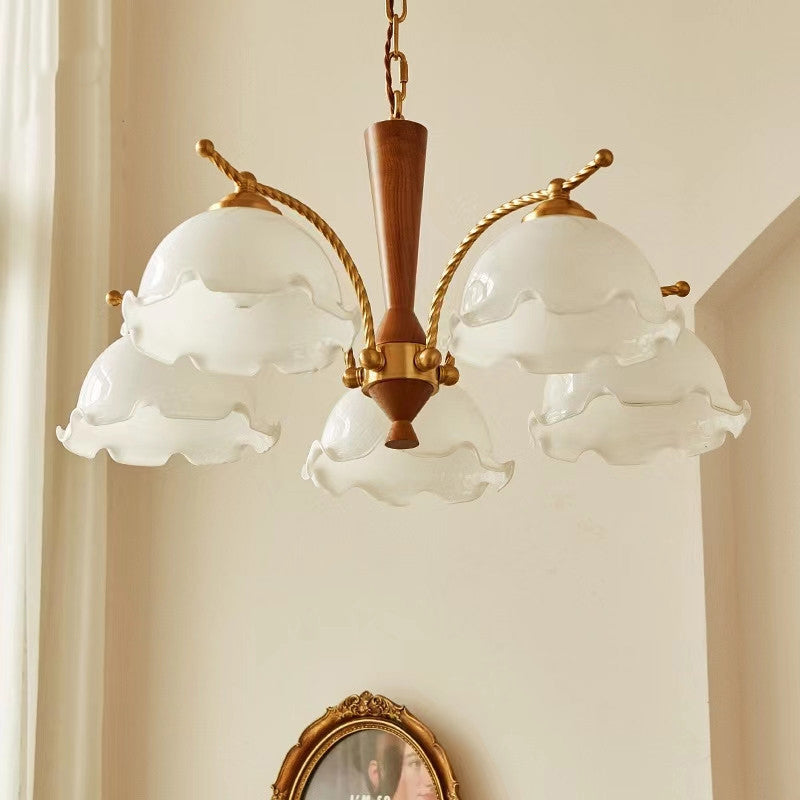 Traditional Vintage Floral Branch Curved Glass Wood Brass 3/5 Light Chandelier For Living Room