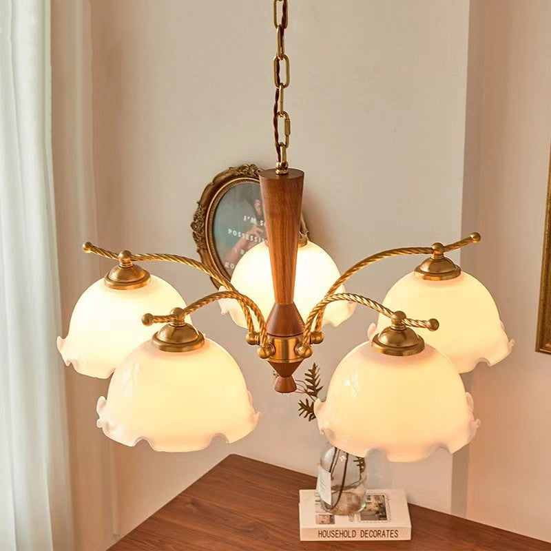 Traditional Vintage Floral Branch Curved Glass Wood Brass 3/5 Light Chandelier For Living Room