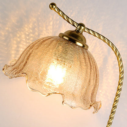 Traditional Vintage Floral Oval Curved Glass Walnut Iron 1-Light Table Lamp For Living Room