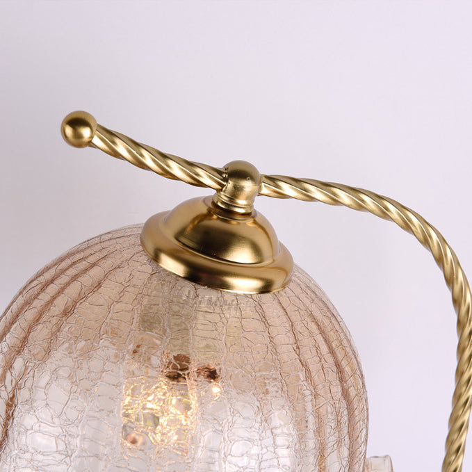 Traditional Vintage Floral Oval Curved Glass Walnut Iron 1-Light Table Lamp For Living Room