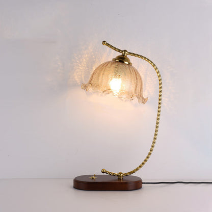 Traditional Vintage Floral Oval Curved Glass Walnut Iron 1-Light Table Lamp For Living Room