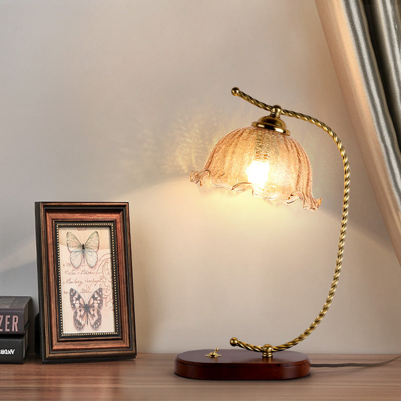 Traditional Vintage Floral Oval Curved Glass Walnut Iron 1-Light Table Lamp For Living Room