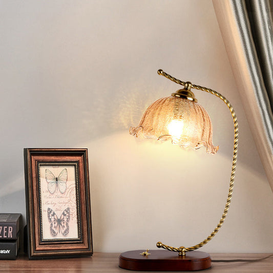 Traditional Vintage Floral Oval Curved Glass Walnut Iron 1-Light Table Lamp For Living Room