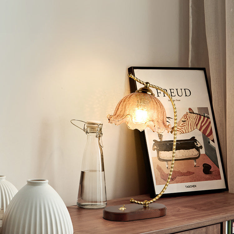 Traditional Vintage Floral Oval Curved Glass Walnut Iron 1-Light Table Lamp For Living Room