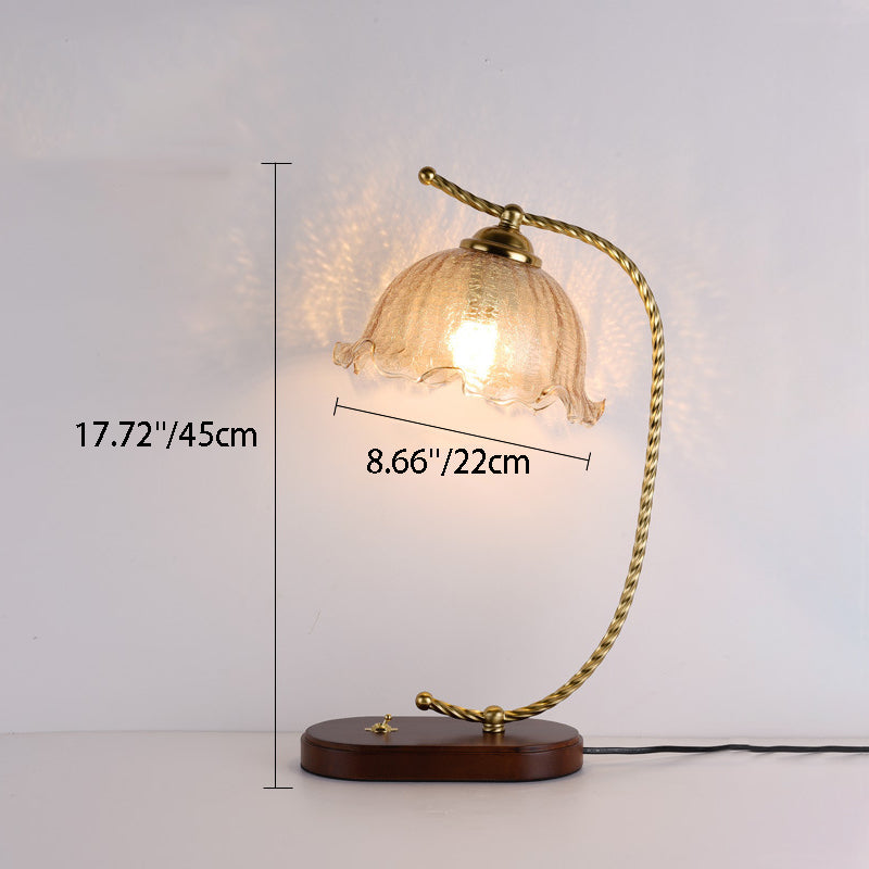 Traditional Vintage Floral Oval Curved Glass Walnut Iron 1-Light Table Lamp For Living Room