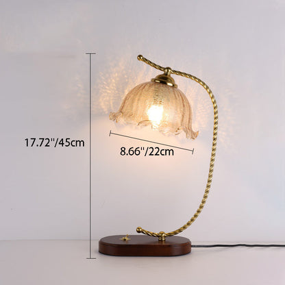 Traditional Vintage Floral Oval Curved Glass Walnut Iron 1-Light Table Lamp For Living Room
