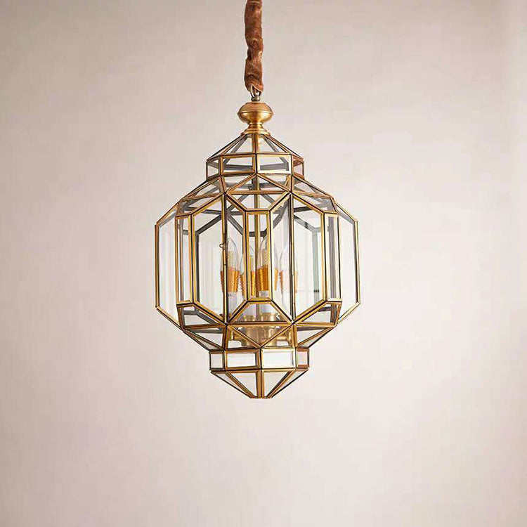 Modern Luxury Prism Octagonal Glass Brass 4-Light Chandelier For Living Room