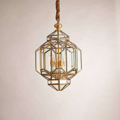 Modern Luxury Prism Octagonal Glass Brass 4-Light Chandelier For Living Room