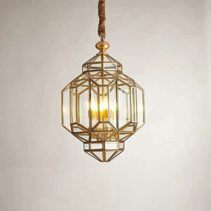 Modern Luxury Prism Octagonal Glass Brass 4-Light Chandelier For Living Room