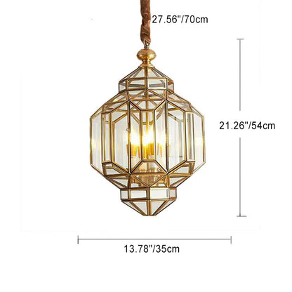 Modern Luxury Prism Octagonal Glass Brass 4-Light Chandelier For Living Room