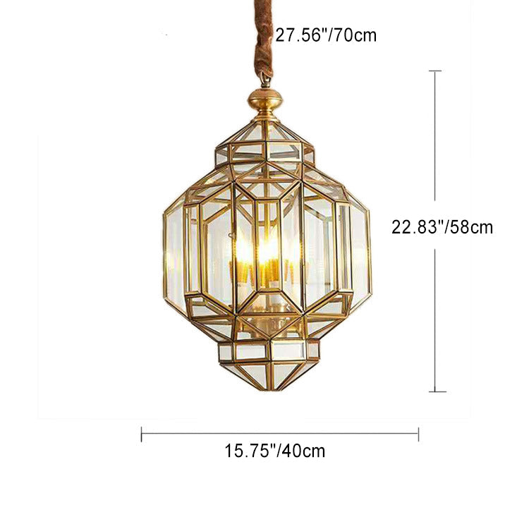 Modern Luxury Prism Octagonal Glass Brass 4-Light Chandelier For Living Room