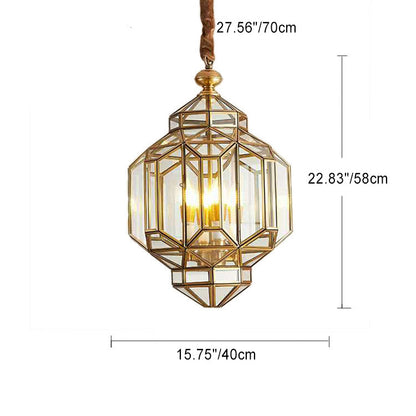 Modern Luxury Prism Octagonal Glass Brass 4-Light Chandelier For Living Room