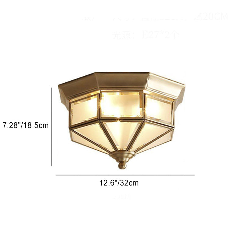 Contemporary Scandinavian Hexagonal Square Glass Copper Iron 2/3 Light Flush Mount Ceiling Light For Bedroom