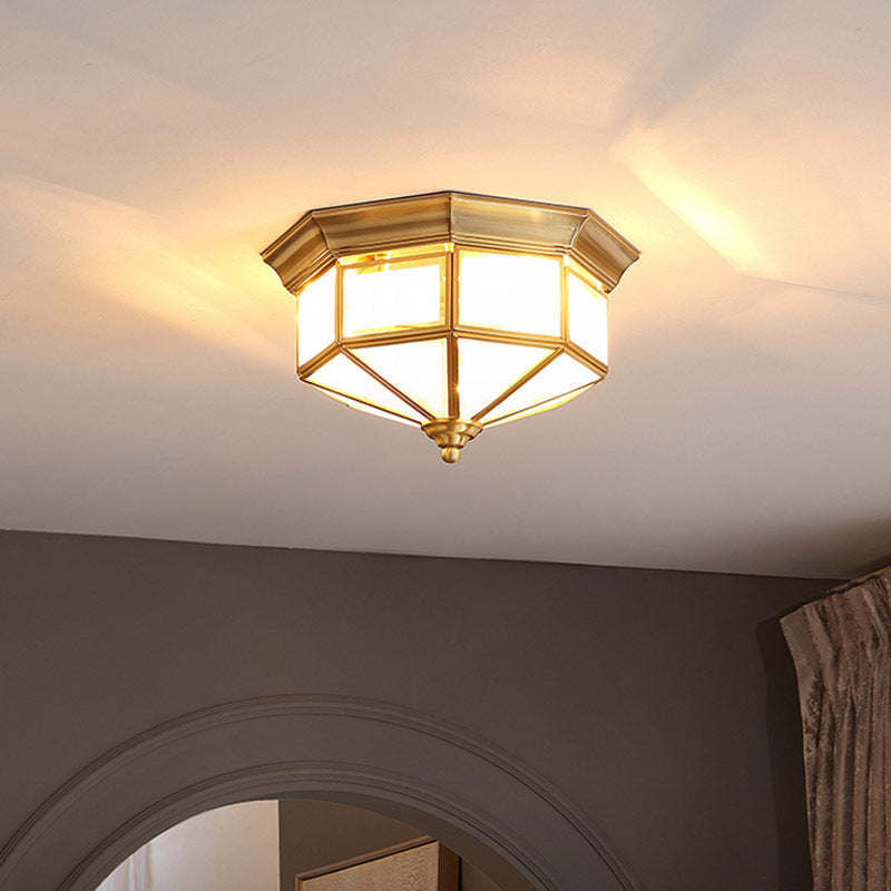 Contemporary Scandinavian Hexagonal Square Glass Copper Iron 2/3 Light Flush Mount Ceiling Light For Bedroom