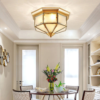 Contemporary Scandinavian Hexagonal Square Glass Copper Iron 2/3 Light Flush Mount Ceiling Light For Bedroom