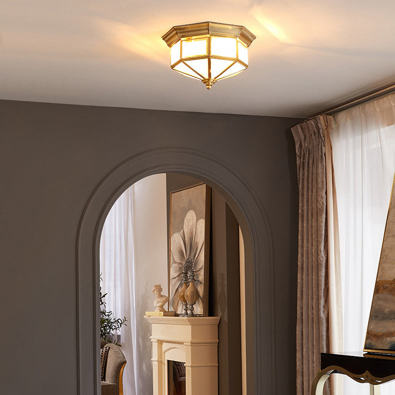 Contemporary Scandinavian Hexagonal Square Glass Copper Iron 2/3 Light Flush Mount Ceiling Light For Bedroom