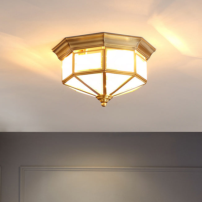 Contemporary Scandinavian Hexagonal Square Glass Copper Iron 2/3 Light Flush Mount Ceiling Light For Bedroom